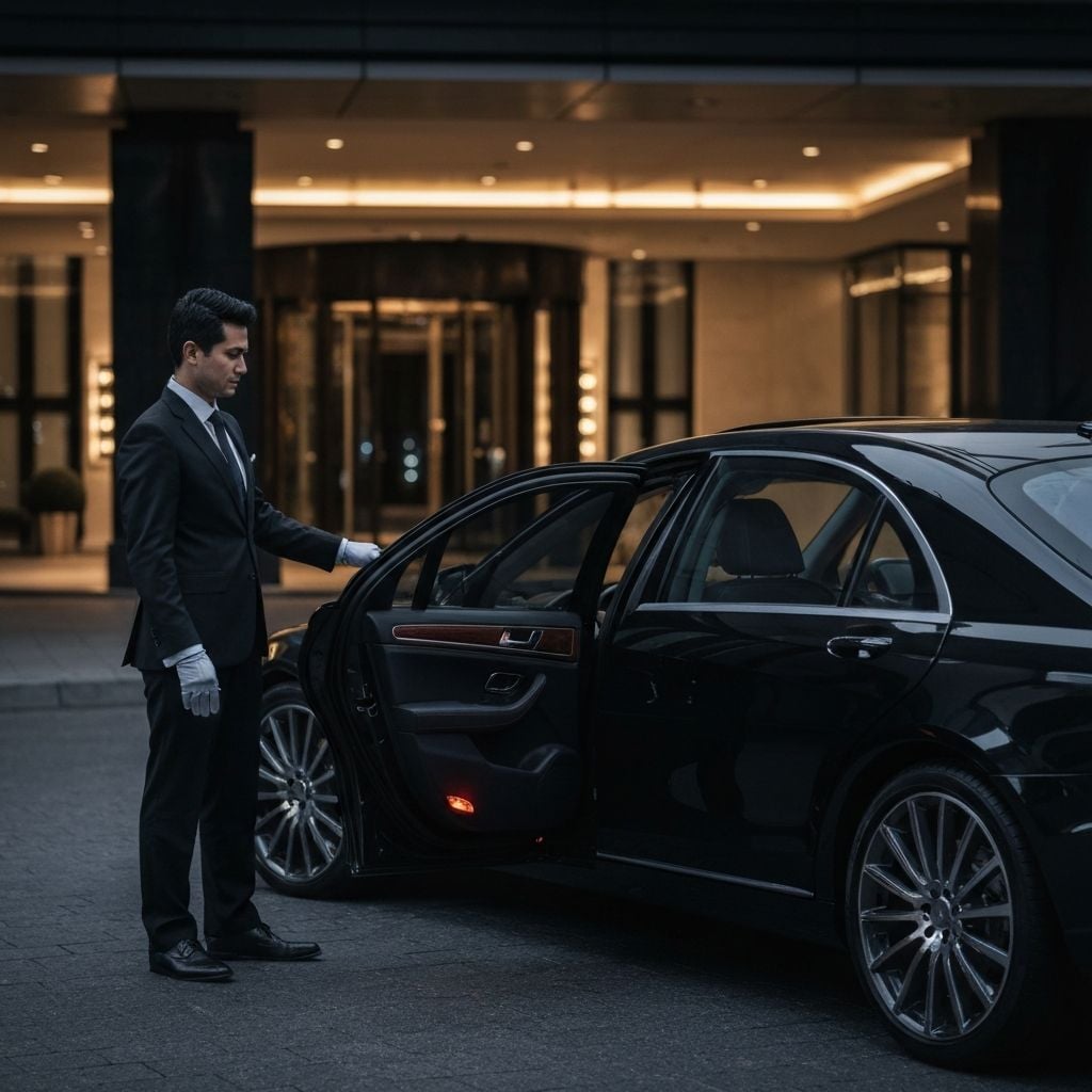 Professional chauffeur opening door of luxury Mercedes-Benz - Movi Transfer personal delivery service